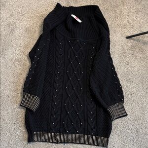 Elegant Black Off The Shoulder Sweater Dress with Gold Studded Details